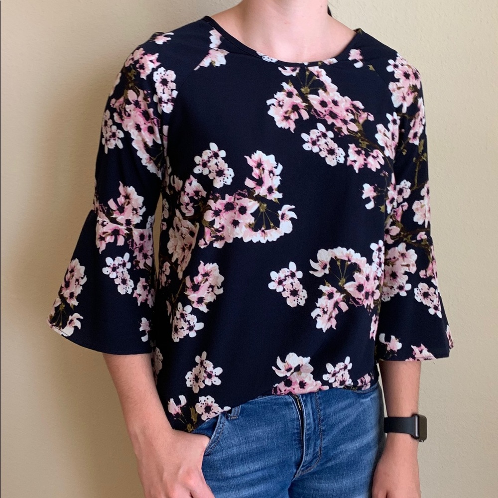 Pink and white floral on navy.